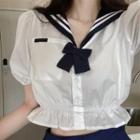 Puff-sleeve Sailor Collar Frill Trim Top / Pleated Mini A-line Skirt