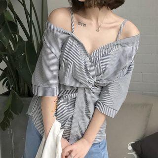 Striped Cold Shoulder Twisted Blouse