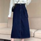 High-waist Side Trim Big-pocket Medium Long Semi-body Denim Skirt