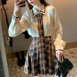 Set: Contrast Trim Shirt + Plaid Mini A-line Skirt