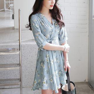 Floral Print Tie-waist Elbow-sleeve A-line Dress
