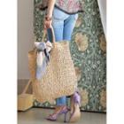 Snap-button Rattan Tote Bag Beige - One Size