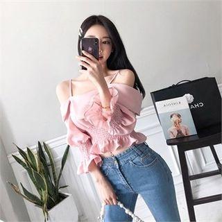 Turn-down Off-shoulder Smocked Blouse