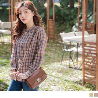 Smocked Cuff Plaid Blouse