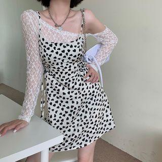 Long-sleeve Lace Top / Spaghetti Strap Heart Pattern Dress