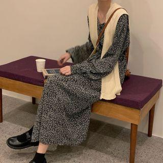 Flower Print Long-sleeve Midi Shift Dress / Knit Cape