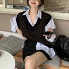 Striped Shirt / Patterned Sweater Vest / A-line Skirt