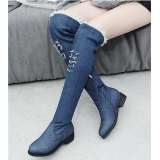 Distressed Denim Chunky-heel Over-the-knee Boots