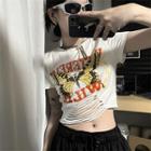 Short-sleeve Butterfly Print Distressed Crop T-shirt