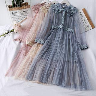 Jacquard-panel Mesh A-line Dress With Slipdress