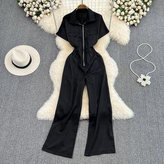 Short Sleeve Zip Front Jumpsuit