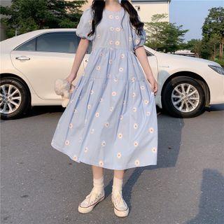 Floral Print Short-sleeve Midi A-line Dress Blue - One Size
