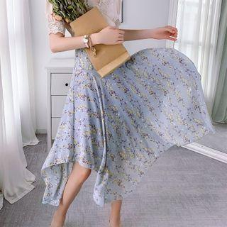 Irregular Hem Flower Print Midi A-line Skirt