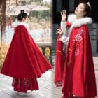 Traditional Chinese Embroidery Fleece Trim Hooded Cape Red - One Size