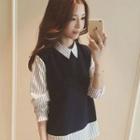 Stand-collar Long-sleeved Straight Striped Panel Blouse