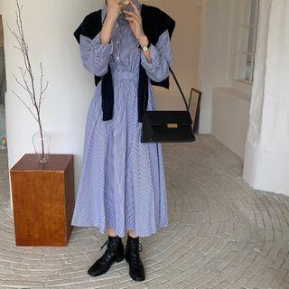 Long-sleeve Striped Midi A-line Shirtdress / Knit Shawl