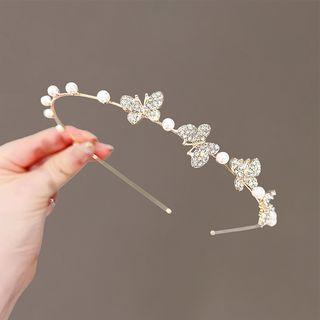 Butterfly Rhinestone Faux Pearl Alloy Headband Gold - One Size