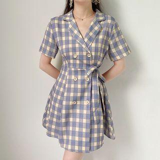 Plaid Double-breasted Short-sleeve Mini A-line Blazer Dress Purple - One Size