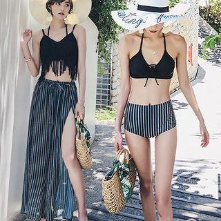 Set Of 4: Patterned Pants + Cover-up + Bikini Top + Swim Shorts