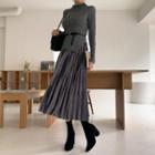 Set: Belted Dip-back Knit Top + Velvet Long Pleated Skirt