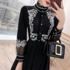 Embroidered Long-sleeve Pleated Shirt Dress