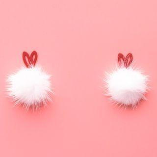 Fluffy Rabbit Pom Pom Earring 1 Pair - 925 Silver Needle - Red & White - One Size
