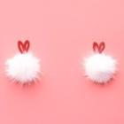 Fluffy Rabbit Pom Pom Earring 1 Pair - 925 Silver Needle - Red & White - One Size