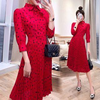3/4-sleeve Dot Print Pleated Midi Dress