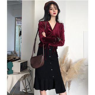 Long-sleeve Drawstring Velvet Top / Asymmetric Hem Midi Knit Skirt