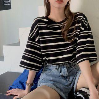 Short-sleeve Striped Loose-fit T-shirt Black & White - One Size