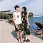 Couple Matching Leaf Print Spaghetti Strap Dress / Lettering Tank Top / Leaf Print Shorts