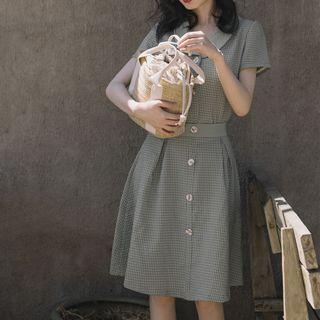 Set: Plaid Short-sleeve Blouse + High Waist A-line Skirt