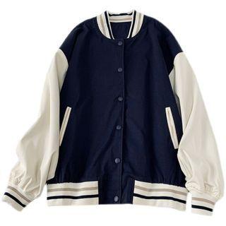 Striped Trim Baseball Jacket Navy Blue & White - One Size