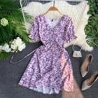 Floral Short-sleeve A-line Midi Dress Purple - One Size