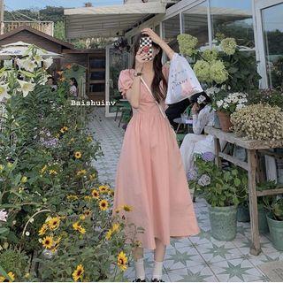 Puff-sleeve Blouse / Midi A-line Dress