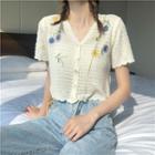 Short-sleeve Flower Embroidered Cropped Cardigan