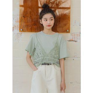 Set: Short-sleeve T-shirt + Crochet Cropped Camisole Top