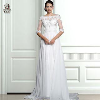 Elbow-sleeve Rhinestone Evening Gown