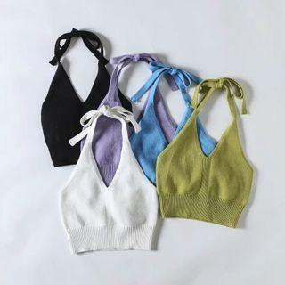 Cropped Knit Ribbon-tie Halter Top