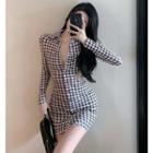 Window-back Deep V-neck Houndstooth Mini Shirtdress
