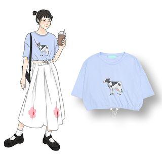 Cow Print Elbow-sleeve Drawstring Crop Top Blue - One Size