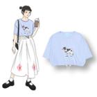 Cow Print Elbow-sleeve Drawstring Crop Top Blue - One Size