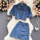 Set: Short-sleeve Houndstooth Cropped Denim Jacket + Mini A-line Skirt