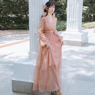 Sequined Lantern-sleeve Maxi A-line Dress