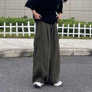 High-waist Plain Wide Leg Cargo Pants