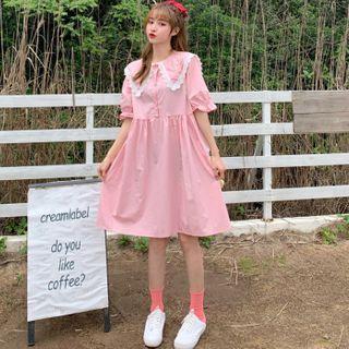 Lace Trim Sailor Collar Elbow-sleeve A-line Dress