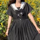 Short-sleeve Sailor Collared Pleated Dress / Bow Tie