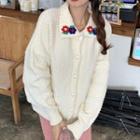 Long-sleeve Flower Embroidered Knit Cardigan White - One Size