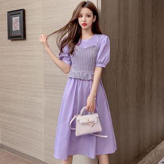 Set: Puff-sleeve Midi A-line Dress + Plaid Camisole Top