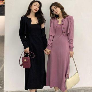 Cardigan / Spaghetti Strap Knit Midi A-line Dress